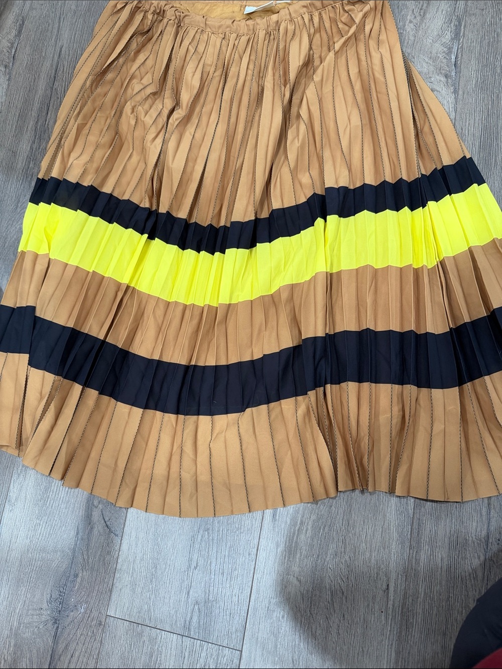 Anthropologie Pleated Colorblock Midi Skirt in Camel, Neon Yellow & Black